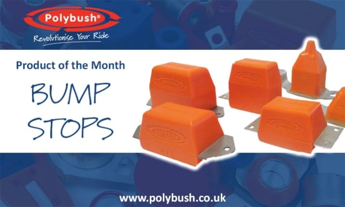 Advertisement for Polybush's product of the month, featuring orange bump stops with the company logo, with the text "bump stops" in bold and the website URL beneath.
