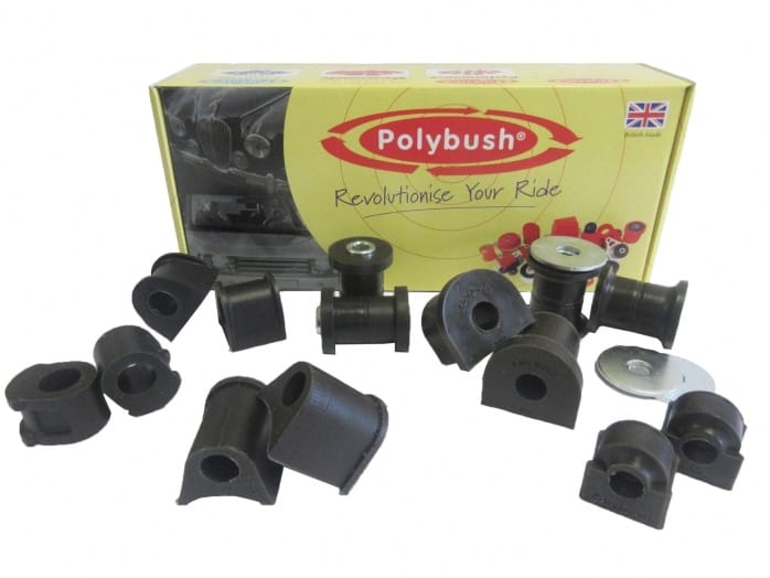 A set of black polybush car suspension parts displayed in front of their packaging box, which features the brand logo and the text "revolutionise your ride.