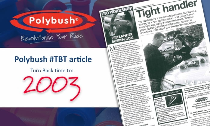 Advertisement and article snippets highlighting polybush, with a focus on a "2003" sign, automotive imagery, and mechanic working on a motor. The design incorporates red and blue shades with text highlights.