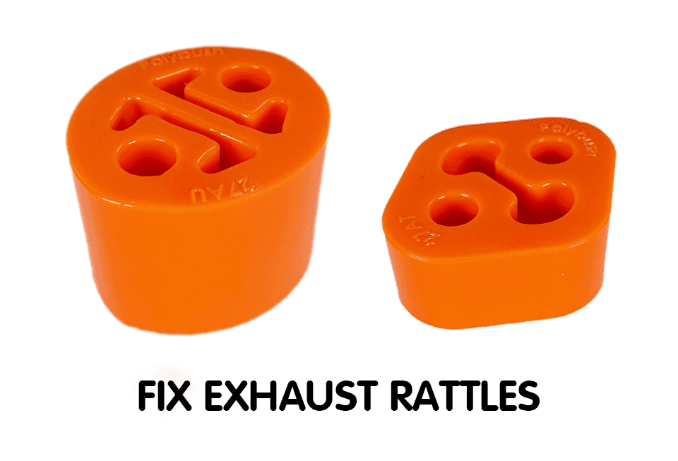Two orange polyurethane exhaust hangers on a white background, labelled "fix exhaust rattles." The hangers feature a three-hole design and embossed text.