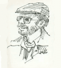 A sketch of a bloke wearing sunglasses and a flat cap, featuring prominent facial hair and a jacket, drawn in a loose, expressive style.