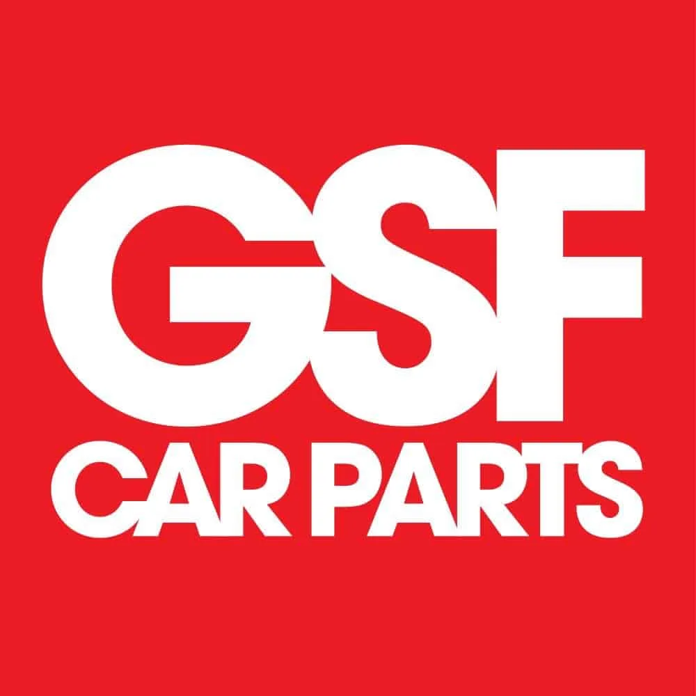 Logo of gsf car parts featuring bold white letters "gsf" above the words "car parts" on a bright red backdrop.