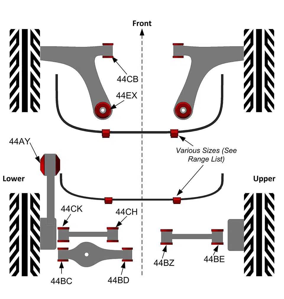 Diagram - 960W Diagram of a skateboard truck with parts labelled, showing different perspectives (front, upper, lower) and identifying various components like bushings and axles.