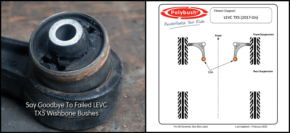 No more LEVC TX5 Front Wishbone Bush Failures With Polybush 55A - Replacing 1C0001063AA,Part of 1C0001011AE,1C0001012AF