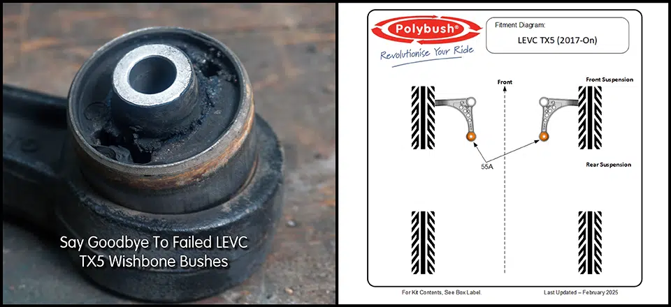 No more LEVC TX5 Front Wishbone Bush Failures With Polybush 55A - Replacing 1C0001063AA,Part of 1C0001011AE,1C0001012AF