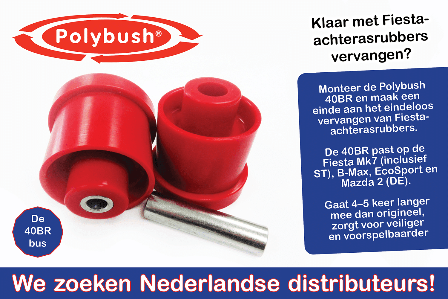 Polybush 40BR achterasbus polyurethaan voor Ford Fiesta Mk7 vervanging achterasrubbers